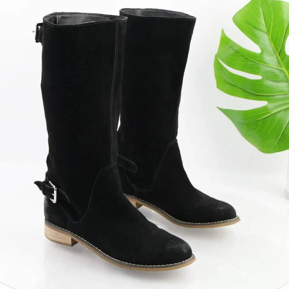 Kelsi Dagger Womens Tassie Boots Size 7.5 Black Suede Slouch Pull On Moto Buckle